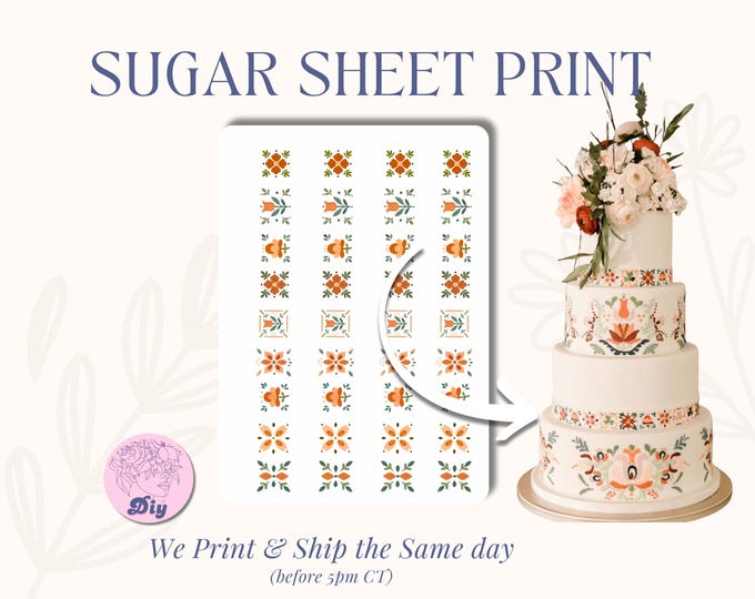 Featured listing image: Mexican Embroidery Floral Sugar Sheet – Edible Icing Image with Colorful Tiles Art Pattern | Printable Frosting Sheet for Cakes & Cookies