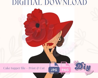 Lady in Red Hat Digital download clipart | Cake Topper Image | Elegant Fashion Woman Design | Round Frosting Icing Sheet for Birthday Cakes