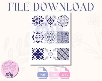 Mexican Tiles Digital Download | Tiles| Talavera| Blue Azul Vibrant| Ornamental Image | PNG JPG PDF Printable | Escamilla| Instant Download