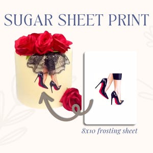May include: A sugar sheet print of a pair of black high heels with red soles on a white background. The print is designed to be used on an 8x10 frosting sheet.