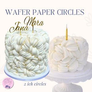 May include: Two white cakes with textured wafer paper designs. One cake has a gold "Jana Mara" cake topper. The other cake has a gold candle. The text "WAFER PAPER CIRCLES" is at the top.