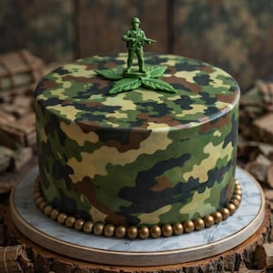 May include: A round cake decorated with a camouflage pattern in shades of green, brown, and black. A green plastic toy soldier stands atop the cake, which is on a wooden cake stand with gold-colored beads around the base.