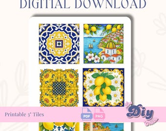 Lemon Blossom Tile Digital Download | Blue Yellow Summer Tile Print | Italian Theme Cake Cookie Topper | Printable PNG & PDF