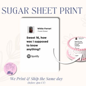 May include: A pink cake with white frosting and white sprinkles. The cake is decorated with a printed edible image of a Spotify music player screen with the song "White Ferrari" by Frank Ocean playing. The text "Sweet 16, how was I supposed to know anything?" is displayed on the screen. The cake is on a white background.