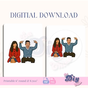 Könnte beinhalten: Digitaler Download mit zwei Illustrationen eines Mannes und einer Frau. Der Mann trägt einen blauen Pullover und die Frau einen roten Mantel. Der Text "DIGITIAL DOWNLOAD" steht oben. Der Text unten lautet "Druckbar 15,24 cm rund & 21,59 cm".