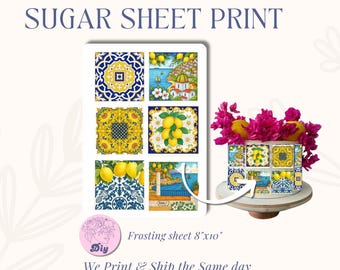 Lemon Blossom Tile Sugar Sheet | Blue  Yellow Summer Tile Print | Italian Theme Cake & Cookie Topper | Edible Frosting Image Decoration