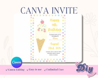 Canva invite Template | Ice cream theme party  | baby shower summer party | PNG PDF Printable | Canva| Instant Download