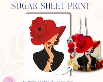 Lady in Red Hat Sugar Sheet Print | Edible Cake Topper Image | Elegant Fashion Woman Design | Round Frosting Icing Sheet for Birthday Cakes