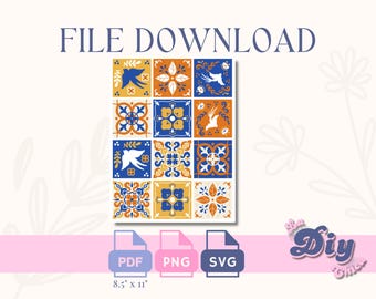 Mexican Tiles Digital Download | Tiles| Talavera| Orange Azul Vibrant| Ornamental Image | PNG SVG PDF Printable | Instant Download