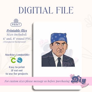 Könnte beinhalten: Digitale Datei mit einer Cartoon-Illustration eines Mannes mit blauem Bandana und wütendem Gesichtsausdruck. Der Text "DIGITIAL FILE" und "Printable files" ist enthalten. Die Dateigrößen sind 15,24 cm und 20,32 cm runde PNGs.
