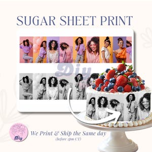 May include: A cake decorated with a sugar sheet print featuring a collage of images. The cake is topped with fresh strawberries and blueberries. The words "SUGAR SHEET PRINT" and "Diy" are visible.