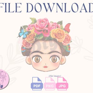 Frida cartoon PNG | floral Frida print File| Birthday cake, Frida Kahlo, cartoon style, JPEG pdf | Instant Digital DOWNLOAD
