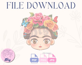 Frida cartoon PNG | floral Frida print File| Birthday cake, Frida Kahlo, cartoon style, JPEG pdf | Instant Digital DOWNLOAD