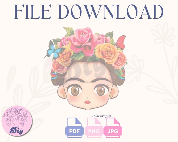 Featured listing image: Frida cartoon PNG | floral Frida print File| Birthday cake, Frida Kahlo, cartoon style, JPEG pdf | Instant Digital DOWNLOAD