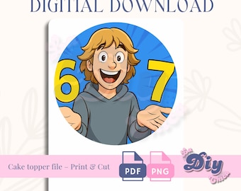 Blue 6 7 YouTube-Style Kid BirthdayTopper | PNG & PDF | 6” Round • 8” Round • Full Sheet 8.5x11 | Instant Digital Download