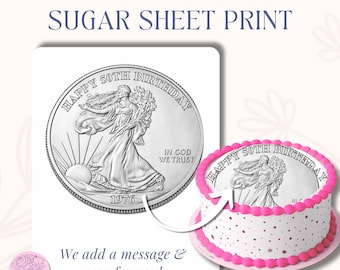 Half Dollar 50 Coin Edible Frosting Sheet, 50th Birthday Cake Topper, Edible Image for Cakes | Sugar Paper Decoration, Silver Coin Design