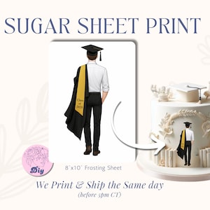 May include: A printable 8x10 inch frosting sheet featuring a graduate in a cap and gown. The sheet is designed to be used on a cake. The text "Class of 2025" is visible on the graduate's gown.