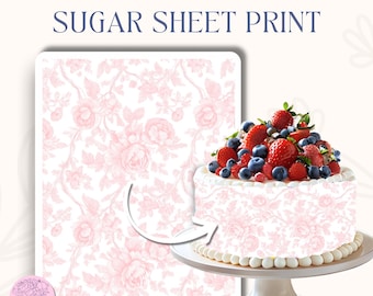 Pink Floral Print Sugar Sheet – Pink Toile Fabric Theme Edible Image for Cakes & Cookies | Print Frosting Sheet for elegant cake Birthday