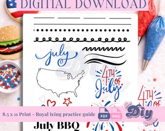 July Summer 4th Royal Icing Practice Sheet | Cookie Decorating Guide | Instant Digital Download