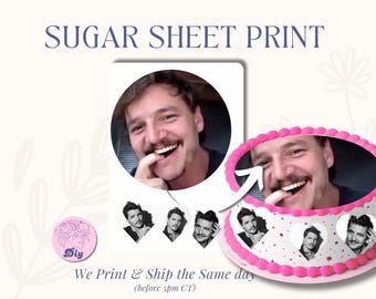 Pedro Pascal and mini hearts Sugar Sheet Print Edible Cake Topper Image Round Image frosting icing sheet birthday kiss