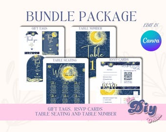 Starry Night Party Bundle -Canva Editable Template Set - Invitation, RSVP, Table Numbers, Seating Chart, Gift Tags - Van Gogh Theme