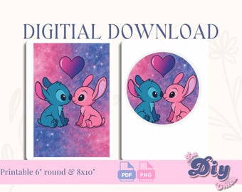 Stit ch Lil o & Pink Purple Cake Topper | kids cake | PNG PDF Round Printable pdf | Instant Digital Download full sheet A4 8.5 x 11