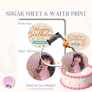 May include: An image showcasing a sugar sheet and wafer print for a birthday cake. The design includes a circular wafer with "Happy Birthday" text and a cake with a photo of a girl. The text "Send us two images!" is also present.