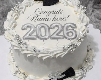 2026 Silver Grad Sugar Sheet Print Edible Cake Topper Image - Round Image- Graduation cake - frosting icing sheet - Edible Sugar topper