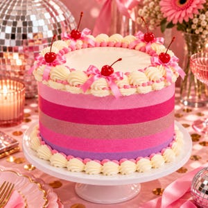 May include: A round cake with horizontal stripes in shades of pink, magenta, and purple. The top is decorated with white frosting swirls, pink ribbon bows, and bright red cherries. The base is bordered with white frosting dollops on a stand.