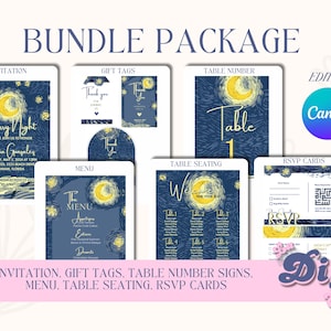 May include: A bundle package of printable wedding stationery with a starry night theme. Includes invitations, gift tags, table numbers, menu, table seating, and RSVP cards. The design features a navy blue background with a yellow moon and stars. Edit in Canva.