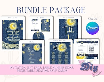 Starry Night Party Bundle -Canva Editable Template Set - Invitation, RSVP, Menu, Table Numbers, Seating Chart, Gift Tags - Van Gogh Theme