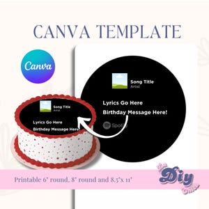 May include: A Canva template design featuring a cake with a black top and red trim, displaying song details and a birthday message. The design includes a Spotify logo and is available in 6-inch, 8-inch, and 8.5x11-inch printable sizes.