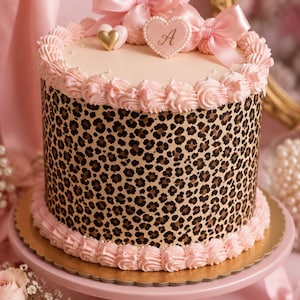 Peut inclure: Un gâteau rond avec un motif léopard sur les côtés, surmonté de tourbillons de glaçage rose clair, de deux nœuds en satin, d'un petit cœur doré et d'un biscuit en forme de cœur avec la lettre A écrite en cursive, sur un présentoir rose.