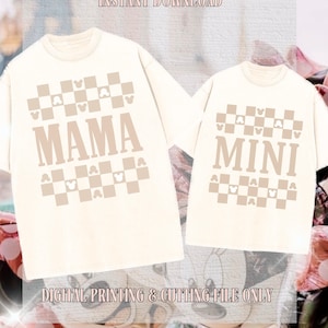 May include: A digital design file for a "Mama" and "Mini" t-shirt set. The design features a checkered pattern with white Mickey Mouse heads on a beige background.