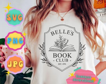 Puede incluir: Diseño gráfico en blanco y negro de un logotipo de club de lectura. El logotipo presenta un escudo con el texto "Belle's Book Club - Est. 1991" y un libro abierto con flores.
