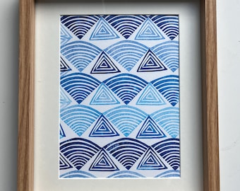 Ręcznie robiony abstrakcyjny linoryt – Blue Geometric Art, A5 bez ramki – Linolschnitt – plakat Linoldruck
