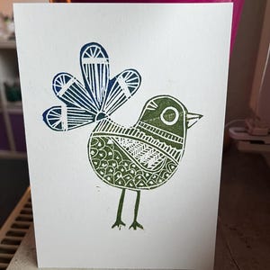 Linolschnitt Wandbild, Kunstdruck für Wohnzimmer - LinoCut - Block Print- Bird - India - Peacock- Post Card A6 - Cartel hecho a mano