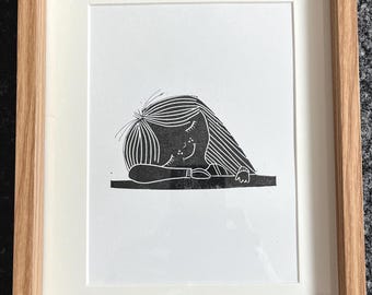 Handmade Linocut Print – Girl Napping, A5 Art Decor (Unframed)- Linolschnitt - Linoldruck Poster