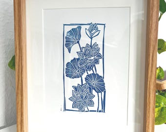 Handmade Lotus Linocut Print – A5 Floral Art, Unframed- Linolschnitt - Linoldruck Poster