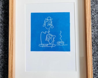 Handmade Linocut Print – Girl Reading, Coffee Cup, Abstract A5- Linolschnitt - Linoldruck Poster