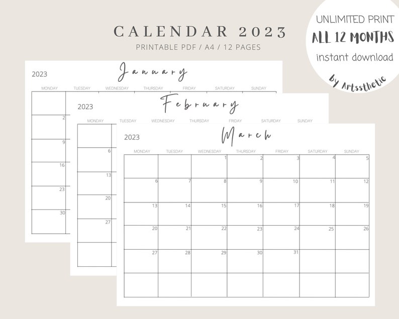 PRINTABLE CALENDAR 2023 Monthly Planner 2023 Monthly Etsy New Zealand