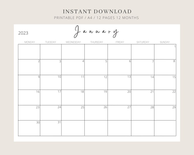 PRINTABLE CALENDAR 2023 Monthly Planner 2023 Monthly  Etsy New Zealand