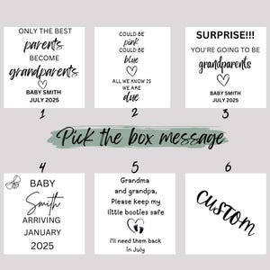 May include: A collection of six white cards with black text, designed for a baby announcement. The cards feature phrases like "Only the best parents become grandparents" and "Could be pink, could be blue." The cards also include the text "Baby Smith" and the month and year of the baby's arrival.