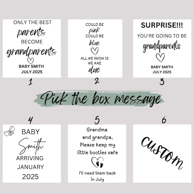 May include: A collection of six white cards with black text, designed for a baby announcement. The cards feature phrases like "Only the best parents become grandparents" and "Could be pink, could be blue." The cards also include the text "Baby Smith" and the month and year of the baby's arrival.