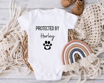 Protected By Dog Name Onesie®, Baby Girl Onesie®, Baby Boy Onesie®, Personalized Baby Gift, New Baby Gift, Sweet Dog Gift, Custom Onesies®