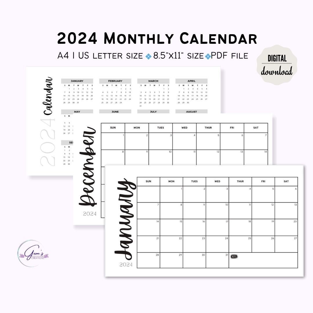 2024 Monthly Calendar, 8.5X11 Inches, Printable Calendar Pages, PDF