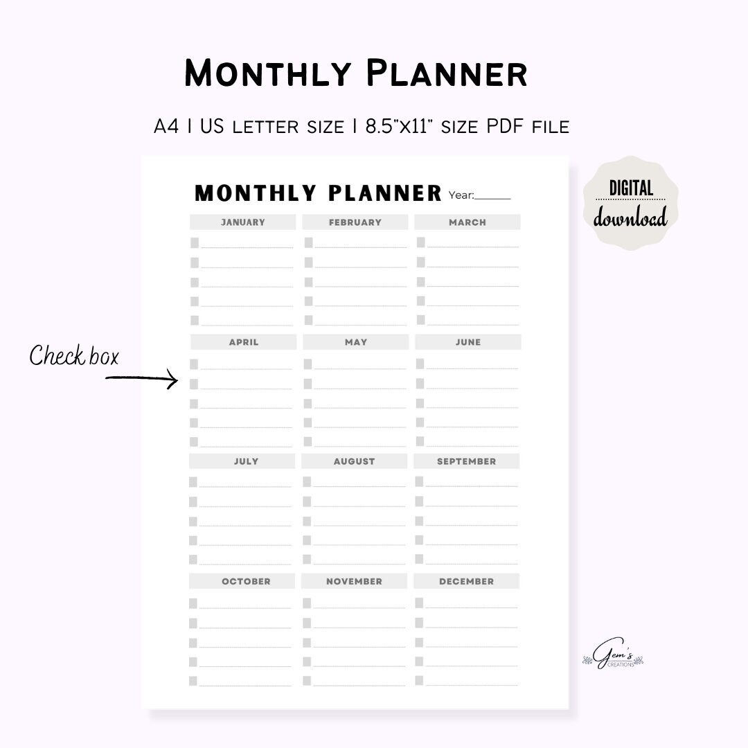 Monthly Planner Blank, A4 Letter Size, 8.5X11 Inches, Printable ...