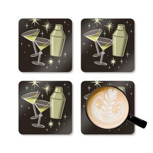 Set di sottobicchieri in legno di sughero in stile vintage, bicchiere da Martini, shaker per bevande, set di 4, arredamento per il bar di casa, bicchieri vintage