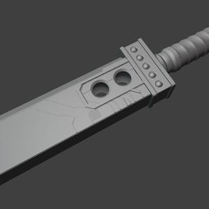 May include: A gray, stylized Buster Sword prop with a wide blade and a detailed handle. The handle has a ridged grip and a rectangular guard with rivets and two circular cutouts. The sword is a prop from a video game.