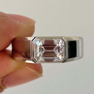 Attractive Men&#39;s Ring, 3.00 CT Emerald Cut Colorless Moissanite Wedding Ring, Bezel Set Ring, 14K White Gold Plated Ring, Anniversary Gift